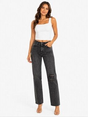 Good American Washed Black Straight-Leg Jeans with Knee Distress